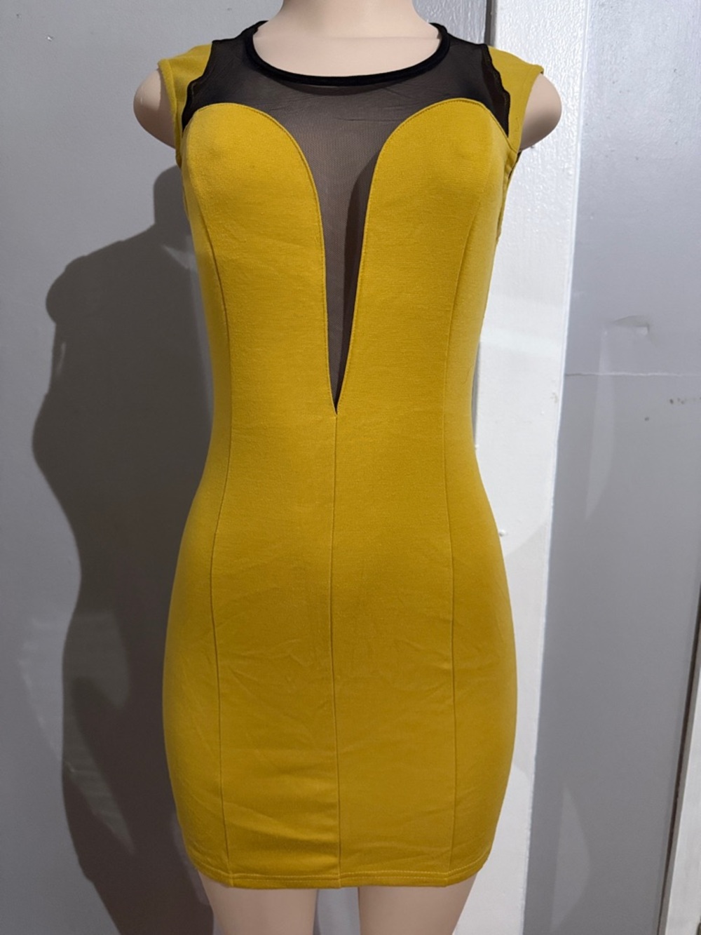 Yellow Mesh-Accent Bodycon Mini Dress